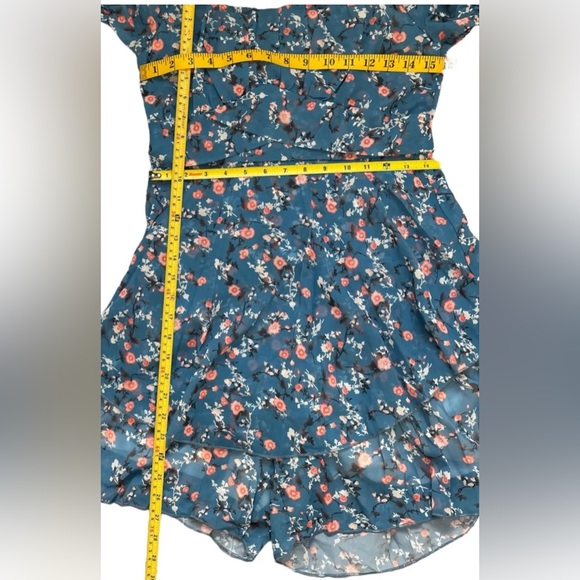 Women Boho Playsuit Romper Medium Blue Orange Floral Off The Shoulder Lined - Picture 16 of 16